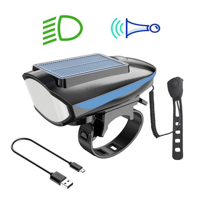 Phare de vélo étanche à énergie solaire, avec klaxon, haute luminosité, USB