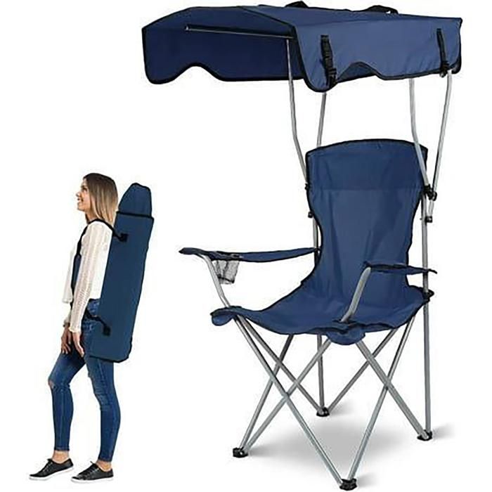 Chaise de camping pliable avec pare-soleil — tissu Oxford, porte-gobelet - Bleu