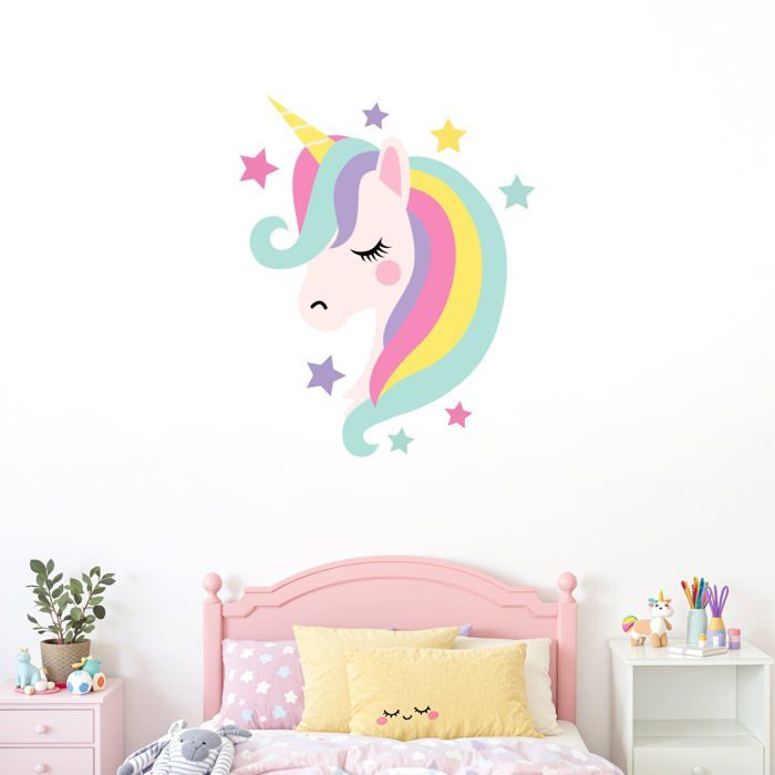 Stickers Muraux - PIXELOU - Licorne et Étoiles - Vinyle Premium - 55x77 cm - Décoration Chambre Enfant