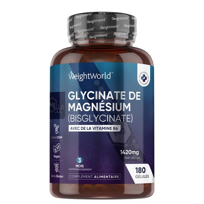 Magnesium Glycinate Bisgycinate + Vitamine B6 Haute concentration 1422 mg 180 Gélules Origine Angleterre