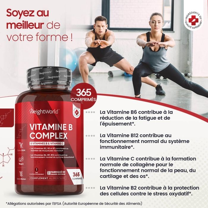 Vitamine B Complex Multivitamines de B Extra Fort + Vitamine C - 365 Comprimés Vegan sans Gluten cure 1 an Origine Angleterre UK