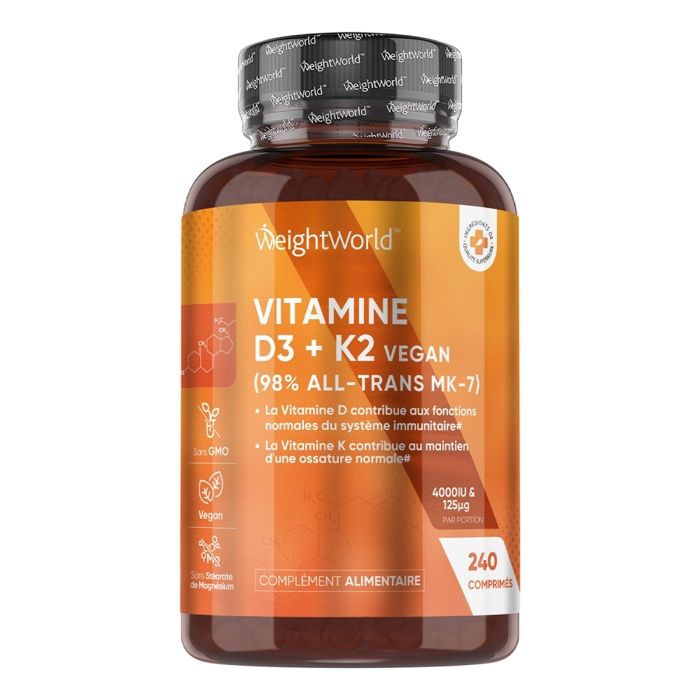 Vitamines D3 K2 MK7  Pure à 100 % 240 Comprimés Vegan, Combinaison Vit D3 4000 ui et Vitamine K2 125 μg