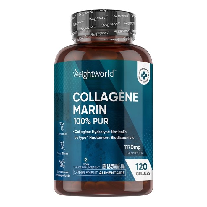 Collagène Marin Pur à 100 % 120 gélules 1200 mg de collagène type I & III Hydrolisé à haute absorption Origine Angleterre