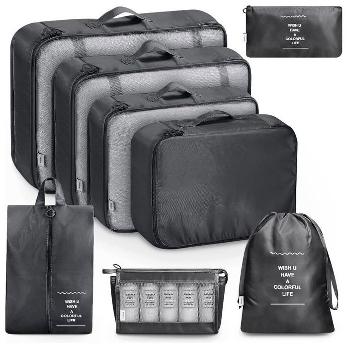 Organisateur de Voyage - GENERIC - Kit de 8 Sacs - Léger et Résistant - Zippé - Noir
