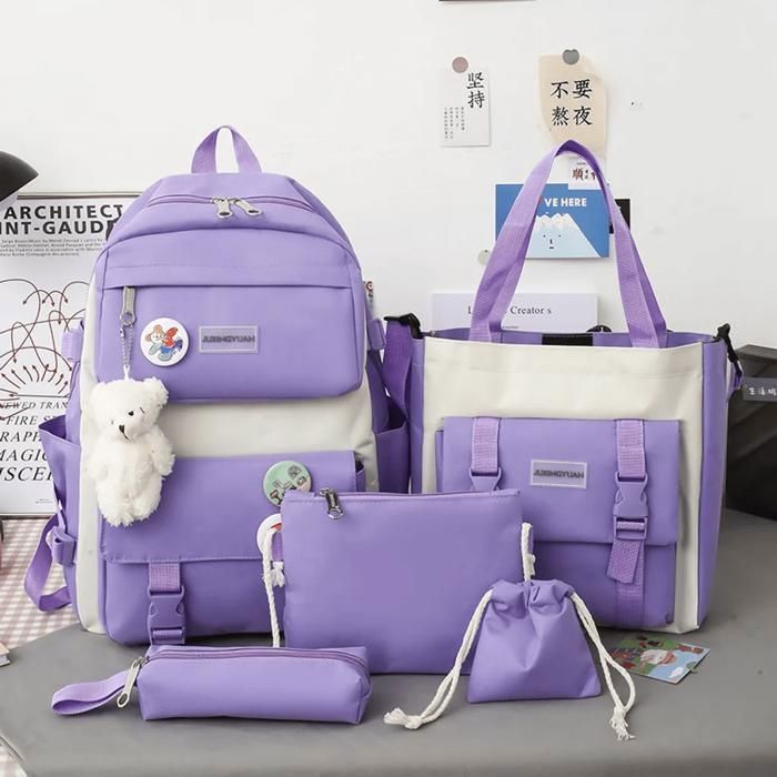 Nouveau Ensemble Scolaire 5PCS pour Filles – Sac À Dos Mignon, Sac Ordinateur Portable, Fourre-Tout – Primaire, Collège, Lycée