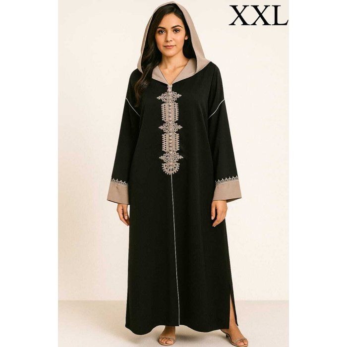 Djellaba moderne - Noir et beige - Capuche - Broderies délicates - Taille XXL
