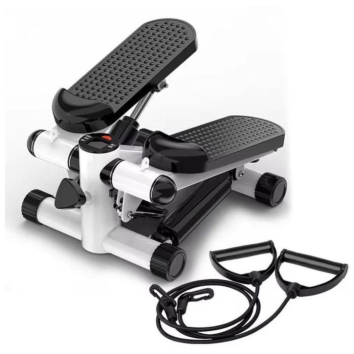 Mini stepper avec écran LCD, résistance réglables, et deux cordes de résistance. Fitness à domicile.