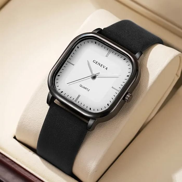 Montre à quartz - GENEVA - Carrée - Cuir - Noir - Analogique