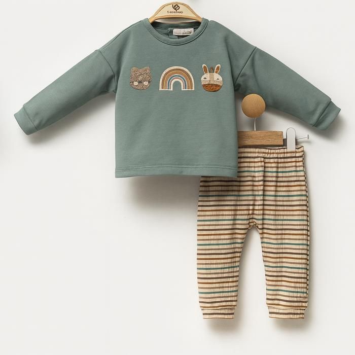 Ensemble bébé mixte – Sweat vert imprimé & Pantalon rayé