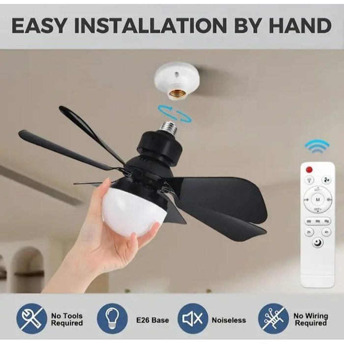 Ventilateur de Plafond LED 40W/30W avec Télécommande, Six Pales Noires, Douille E26/E27,