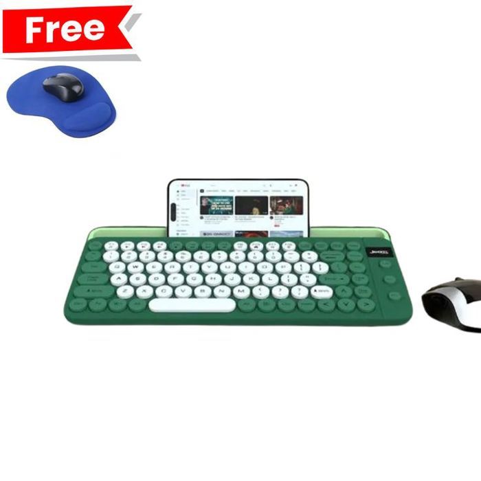 Jedel Clavier Sans Fil WKB100 + Bluetooth, Rechargeable avec Support Téléphones/Tablettes + Tapis de Souris Offert