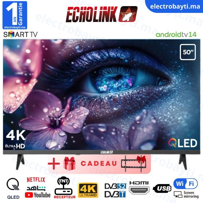 SMART TV - ECHOLINK - 50 Pouces - QLED 4K UHD - Android 14 - Wi-Fi, Bluetooth, DVB-T2/S2
