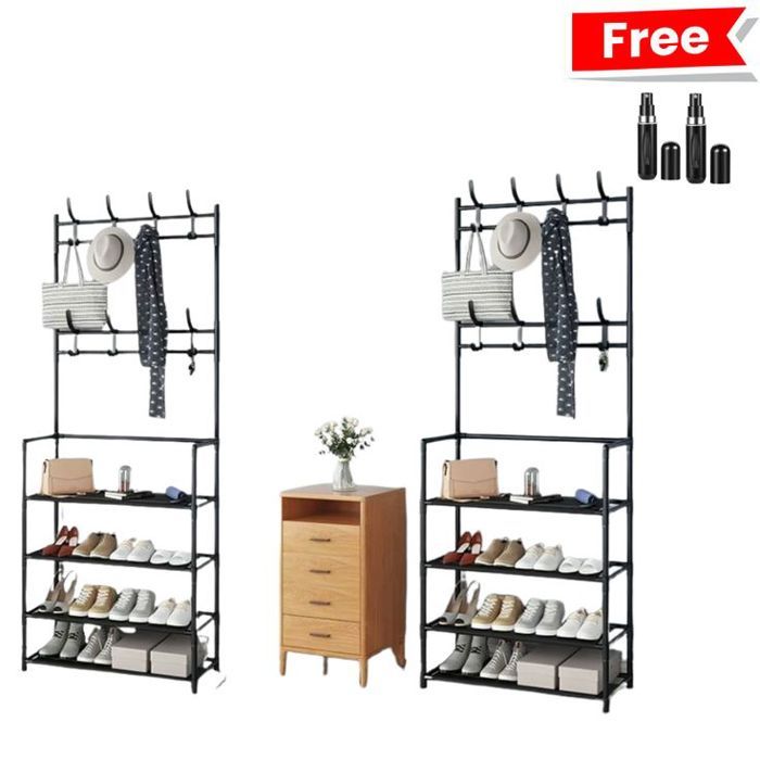 Porte Manteau 4 Niveaux avec Etagere a Chaussures + 2 Mini Vaporisateurs Rechargeables Noir