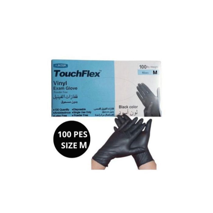 Touchflex Gants d'examen  en vinyl noir powder free- Taille M (100 pièces)