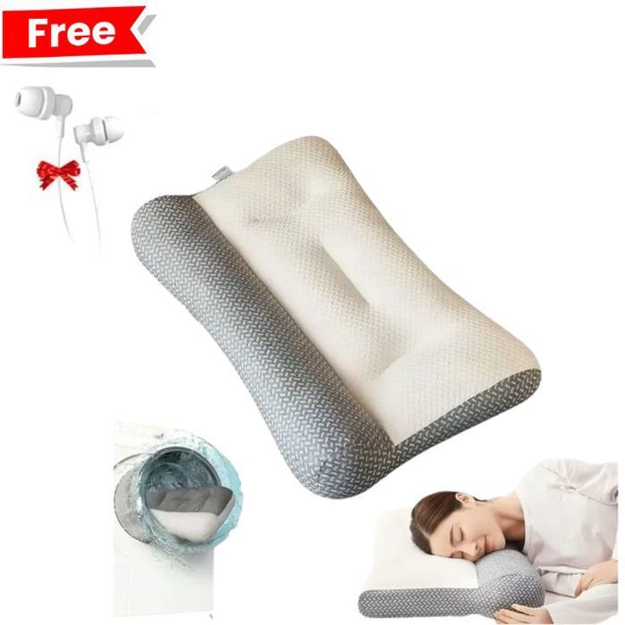 Oreiller Ergonomique -  40x60 cm - 20% Fibre de Soja - Housse Lavable - Confort Médium + ecouteur gratuit