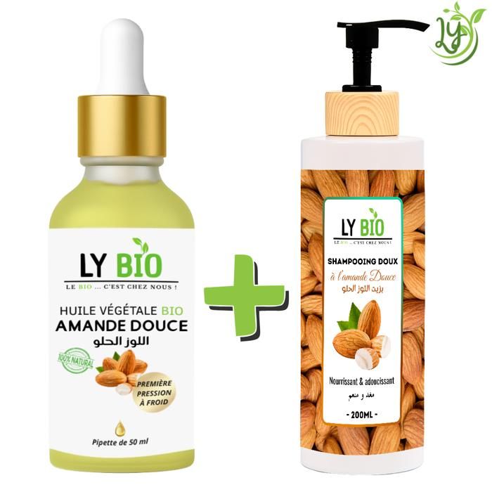 Pack Huile Amande Douce 50ML - LYBIO - Shampooing Amande Douce 200ML - Nourrissant - Adoucissant