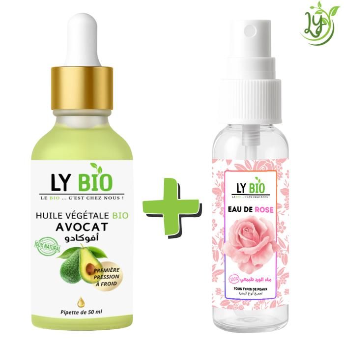 Pack de soins - LYBIO - Huile d'Avocat 50ml - Pipette - Eau de Rose 100ml - Hydratant