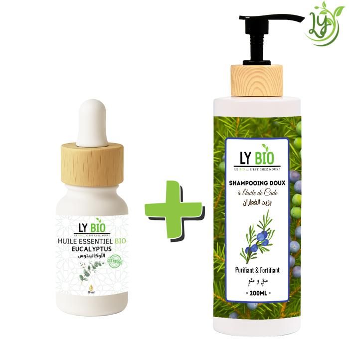 Pack - LYBIO - Huile Essentielle Eucalyptus 10ml - Shampooing Huile de Cade 200ml - Purifiant & Fortifiant