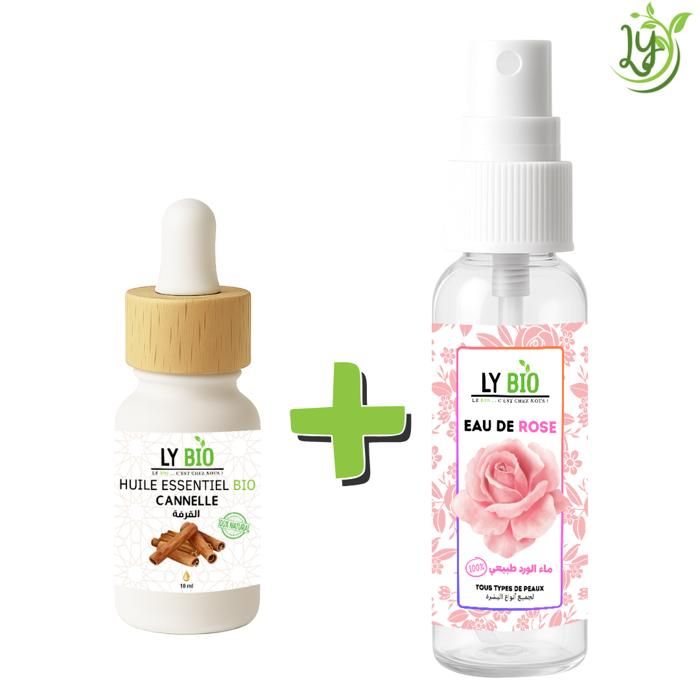 Pack - LYBIO - Huile Essentielle Cannelle 10ml - Eau de Rose 100ml - Antibactérien - Hydratant
