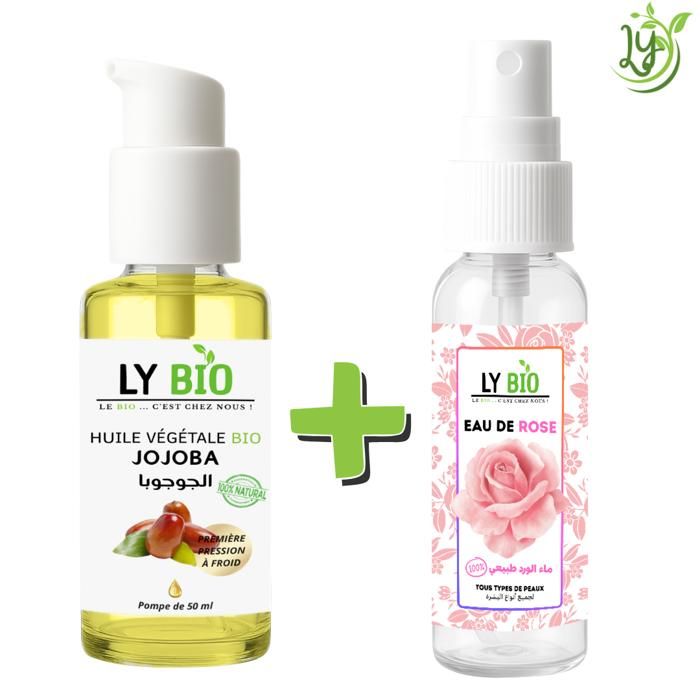 Pack de soins - LYBIO - Huile de Jojoba 50ml - Eau de Rose 100ml - Hydratant - Tous types de cheveux