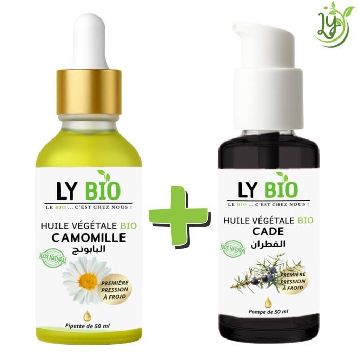 Pack d'huiles - LYBIO - Camomille 50ml - Pipette - Cade 50ml - Pompe - Hydratant