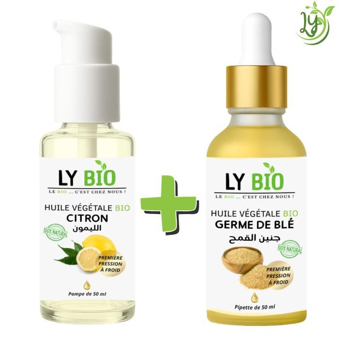 Pack d'huiles - LYBIO - Huile Citron 50ml - Pompe - Huile Germe de Blé 50ml - Pipette
