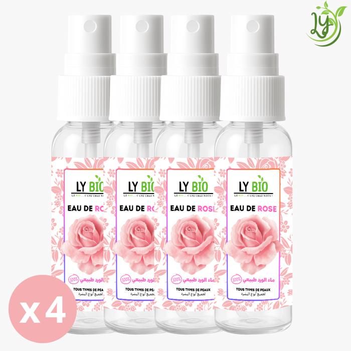 Eau de rose - LYBIO - Pack de 4 bouteilles - 100ml - Hydratant - Tous types de peau