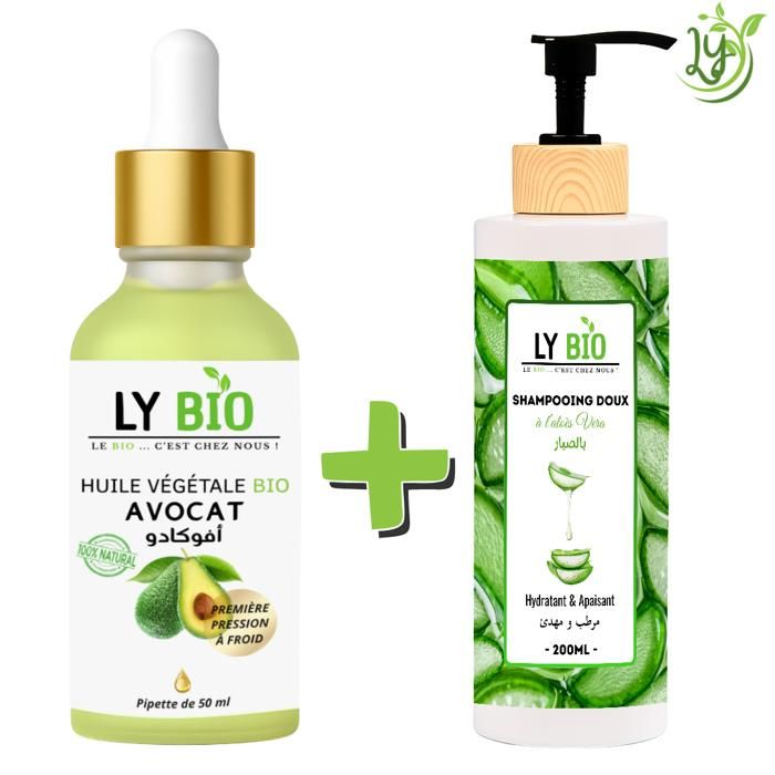 Pack de soins capillaires - LYBIO - Huile d'avocat 50ml - Shampooing Aloe Vera 200ml - Hydratant & Apaisant
