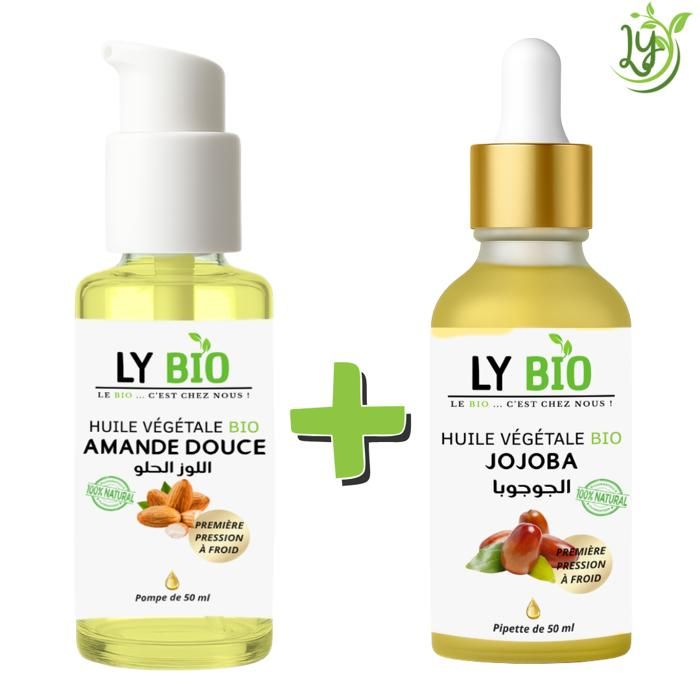 Pack Huile Amande Douce & Jojoba - LYBIO - 50ml - Pompe & Pipette - Soin Cheveux & Corps