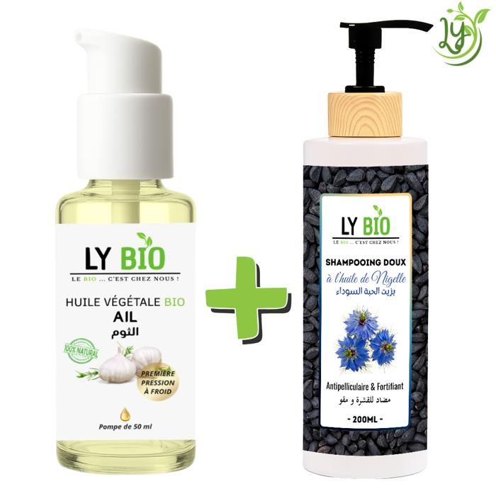 Pack Huile Ail 50ml - LYBIO - Shampooing Huile de Nigelle 200ml - Antipelliculaire - Fortifiant - Mixte
