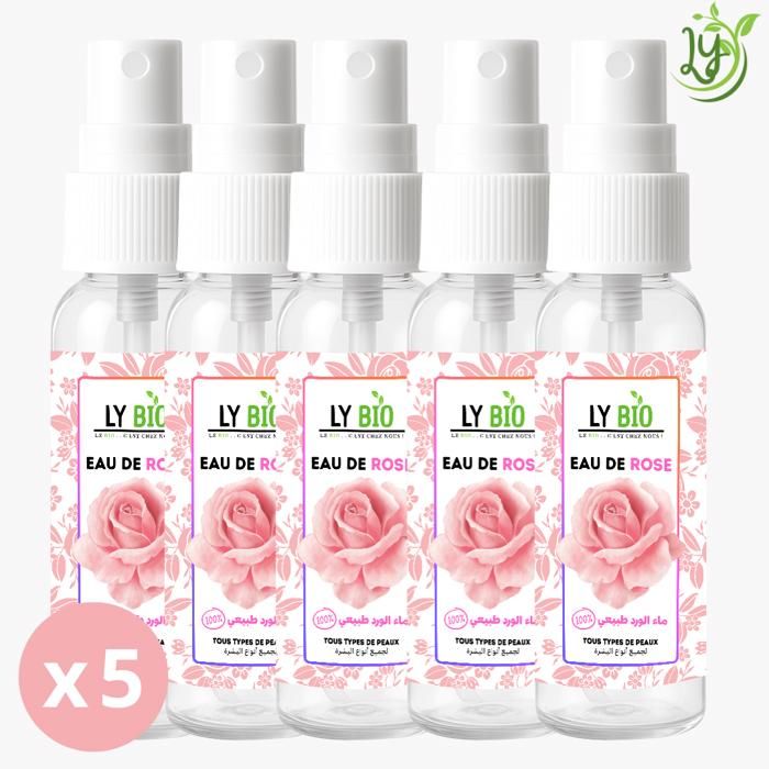 Eau de rose - LYBIO - Pack de 5 bouteilles - 100ml chacune - Hydratant - Tous types de peau