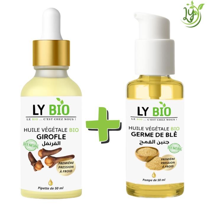 Pack d'huiles - LYBIO - Huile Girofle 50ml - Pipette - Huile Germe de Blé 50ml - Pompe