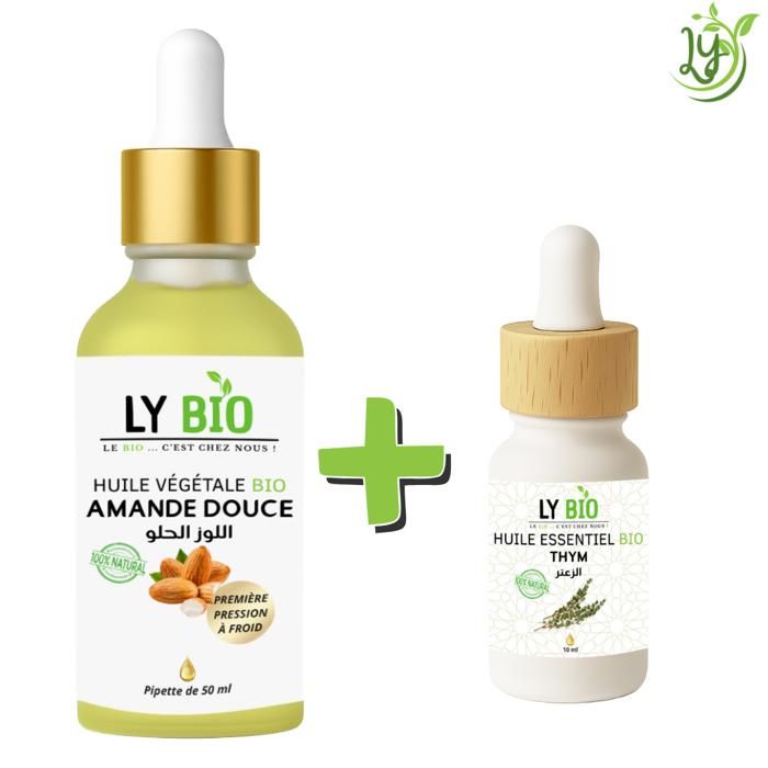Pack Huile Amande Douce 50ML - LYBIO - Huile Essentielle Thym 10ML - Soin Cheveux - Soin Visage - Soin Corps