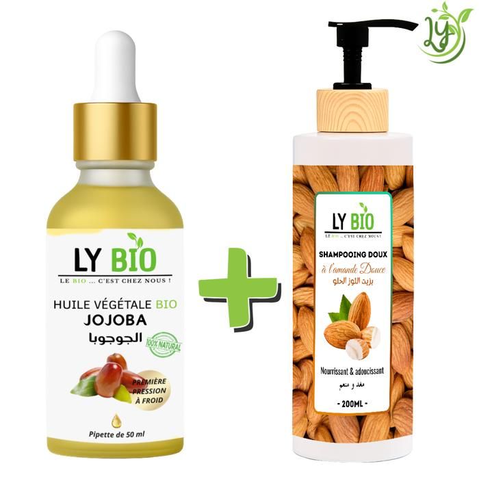 Pack de soins capillaires - LYBIO - Huile de jojoba 50ml - Shampooing amande douce 200ml - Nourrissant