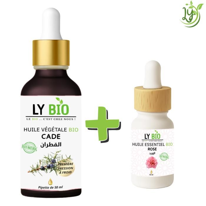 Pack de soins - LYBIO - Huile Cade 50ml - Pipette - Huile Essentielle Rose 10ml - Tous types de cheveux