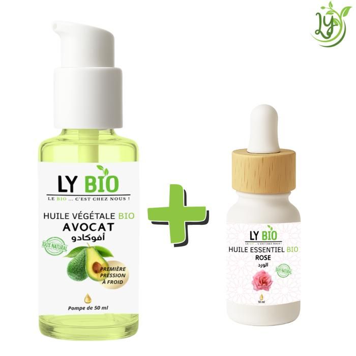 Pack de soins - LYBIO - HUILE AVOCAT 50ml - HUILE ESSENTIELLE ROSE 10ml - Hydratant - Tous types de cheveux