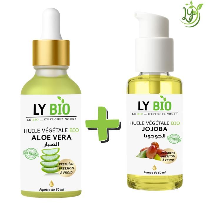 Pack Huile Aloe Vera 50ml - LYBIO - Huile Jojoba 50ml - Hydratation - Apaisant - Tous types de cheveux