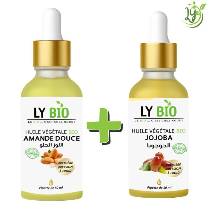 Pack Huile Amande Douce & Jojoba - LYBIO - 50ML - Pipette - Soin Cheveux & Peau - Mixte