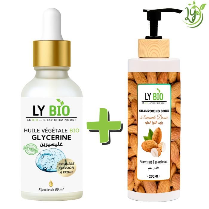 LYBIO PACK HUILE GLYCERINE 50ml - PIPETTE + SHAMPOOING AMANDE DOUCE 200ML - NOURRISSANT & ADOUCISSANT