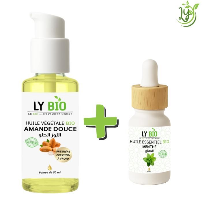 Pack de soins - LYBIO - Huile Amande Douce 50ml - Huile Essentielle Menthe 10ml - Hydratant - Mixte