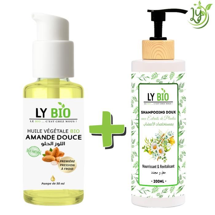Pack de soins capillaires - LYBIO - Huile d'amande douce 50ml - Shampooing 200ml - Nourrissant & Revitalisant