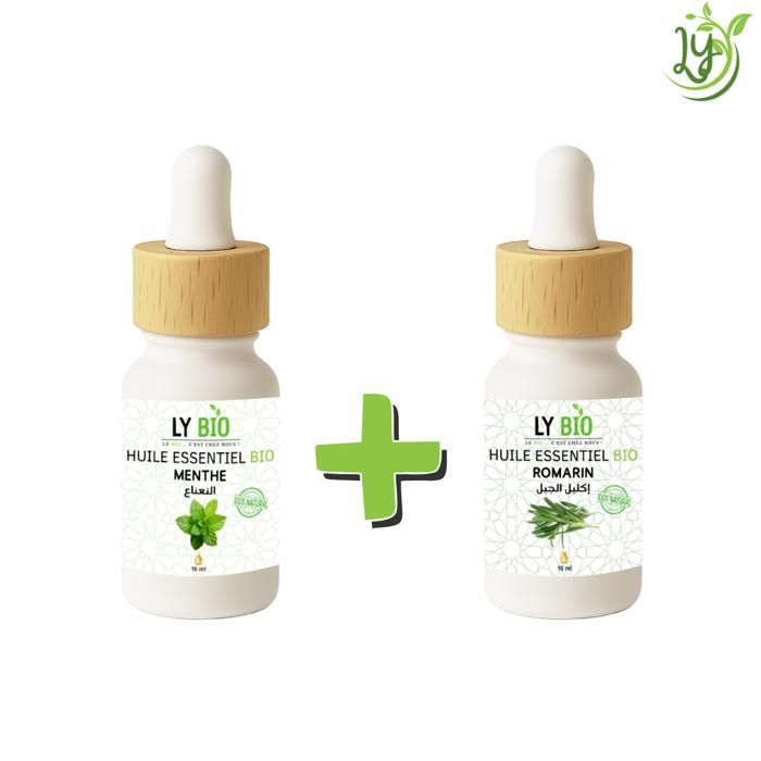 Pack Huile Essentielle - LYBIO - Menthe 10ml - Romarin 10ml - Bienfaits Tonifiants - Soin Cheveux