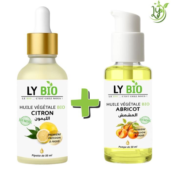 Pack de soins - LYBIO - HUILE CITRON 50ML - PIPETTE - HUILE ABRICOT 50ML - POMPE