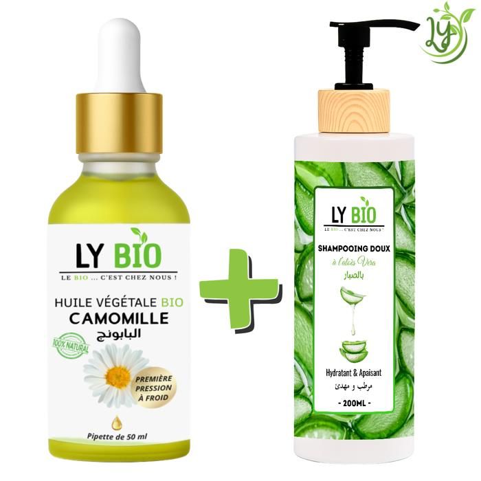 Pack de soins capillaires - LYBIO - Huile de camomille 50ml - Shampooing aloe vera 200ml - Hydratant - Apaisant