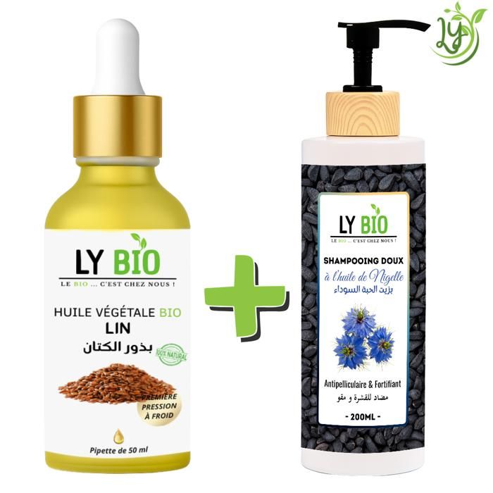 LYBIO PACK HUILE LIN 50ML - PIPETTE + SHAMPOOING A L'HUILE DE NIGELLE 200ML - ANTIPELLICULAIRE & FORTIFIANT