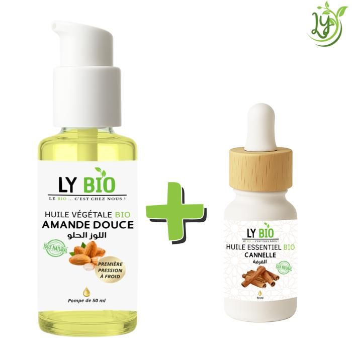 Pack Huile Amande Douce 50ml - LYBIO - Pompe - Huile Essentielle Cannelle 10ml - Mixte - Adulte