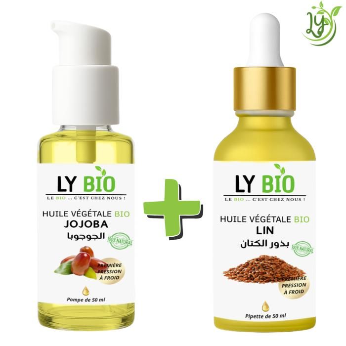 Pack Huile Jojoba et Lin - LYBIO - 50ml - Pompe et Pipette - Hydratant - Tous types de cheveux