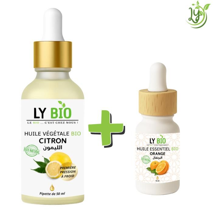 Pack Huile Citron 50ml - LYBIO - Pipette - Huile Essentielle Orange 10ml - Bien-être - Soin Cheveux