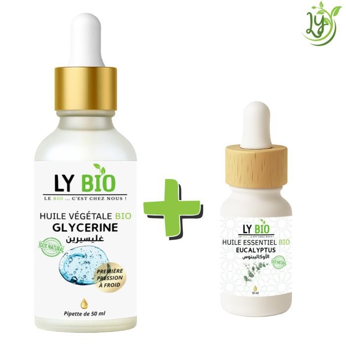 Pack de soins - LYBIO - HUILE GLYCERINE 50ml - PIPETTE - HUILE ESSENTIEL EUCALYPTUS 10ml - Hydratant