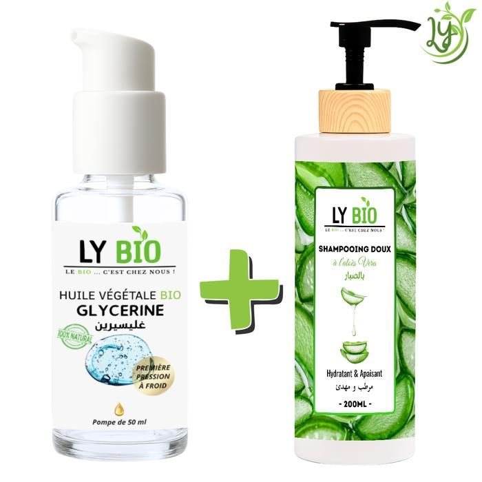 Pack de soins capillaires - LYBIO - Huile glycérine 50ml - Shampooing aloe vera 200ml - Hydratant - Apaisant